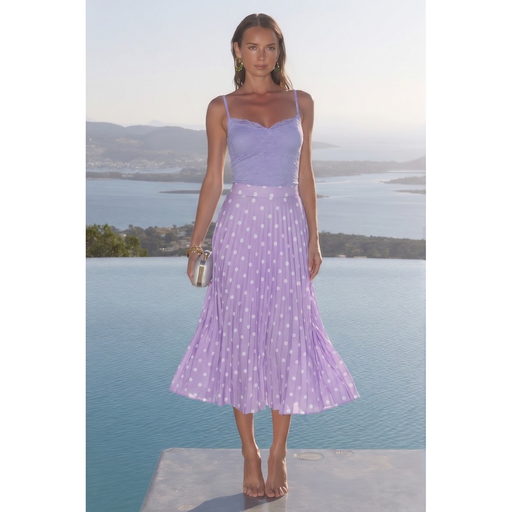 boohoo Purple White Polka Dot Pleated Midi Skirt US 6 UK 10 Spring Summer